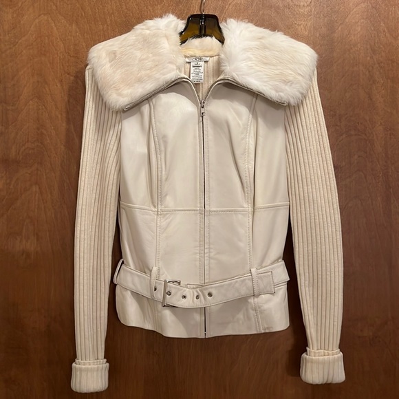 CACHE LEATHER WOOL RABBIT FUR MOTO BELTED JACKET